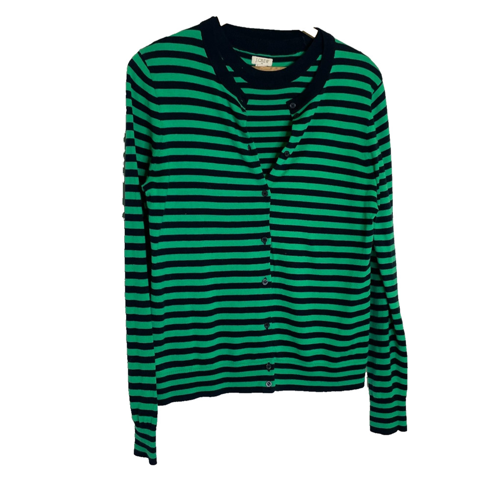 Women's Small J.Crew Green Stripe Cotton Blend Cardigan Sweater Set Preppy - Picture 2 of 8